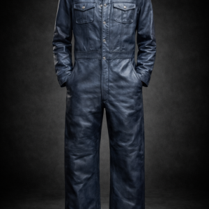 Blue leather coveralls with snap-front closure and tailored fit on dark studio background