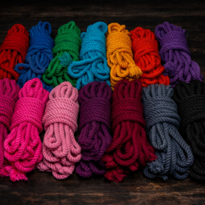 6mm triple twist cotton bondage rope collection displayed on dark wood background