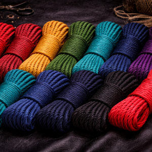 6mm hand dyed hemp rope collection displayed on black leather background