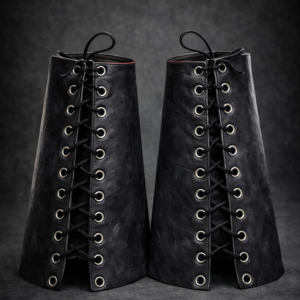 Black leather gauntlet cuffs with metal grommet lacing displayed flat on a neutral surface