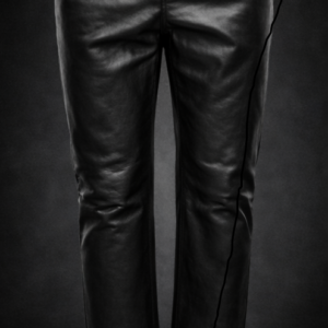 Black leather pants front view showing straight-leg fit and smooth full-grain leather