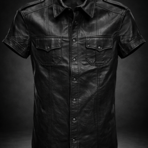 Black leather short sleeve shirt front view with snap closure and chest pockets