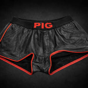 black leather fetish shorts with red piping and PIG waistband