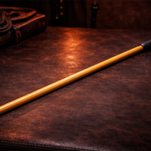 arrow shaft bamboo discipline cane with rubber grip resting on dark leather surface