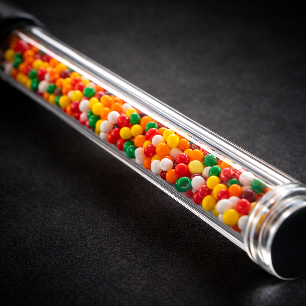 Close up of lexan candy performance cane transparent shaft showing colorful candy core detail