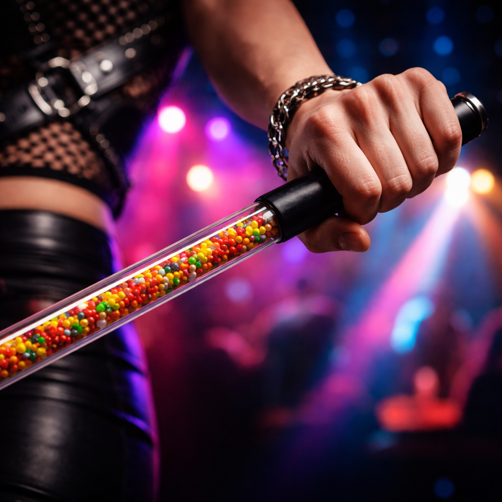 Hand holding lexan candy performance cane with transparent polycarbonate shaft in club lighting