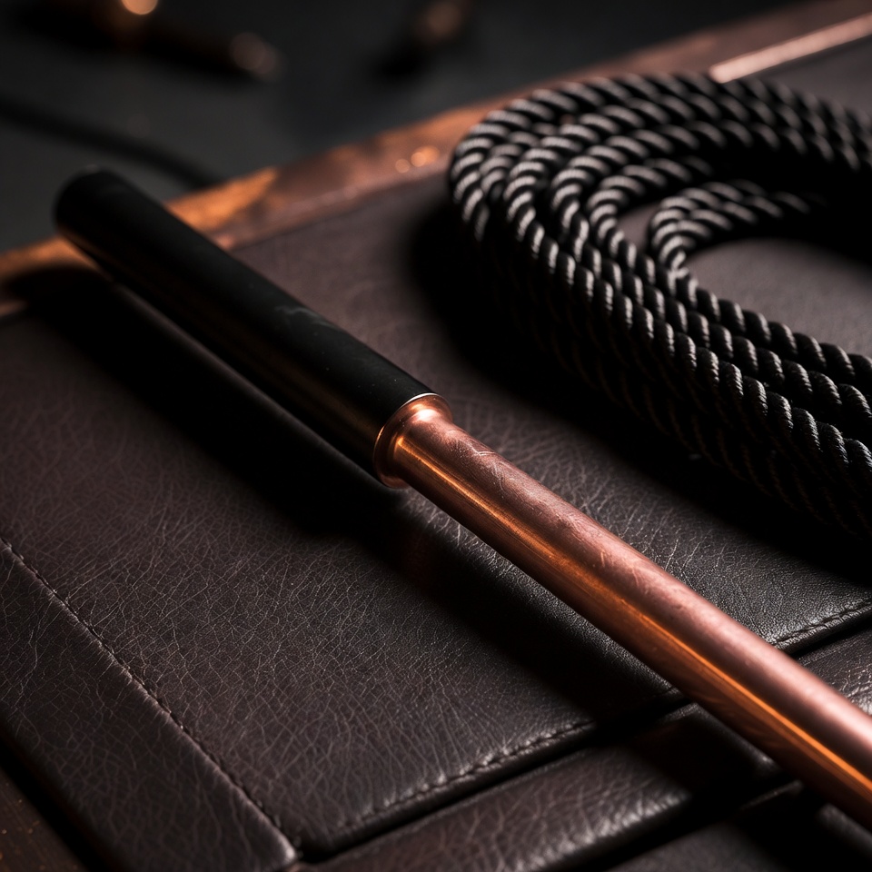 straight copper discipline cane with black handle resting on leather beside coiled bondage rope