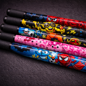 Character Delrin canes arranged diagonally on black leather background with parody cartoon designs and black textured handles