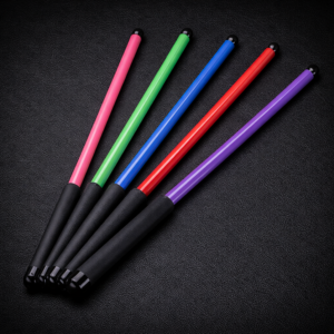 24 inch solid Delrin performance canes in pink green blue red and purple on black leather background