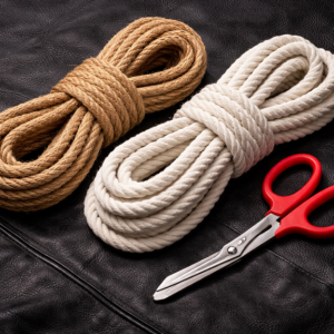 bondage rope kit with jute rope cotton rope and safety scissors on black leather