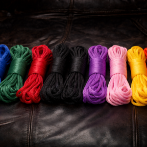 MFP bondage rope in eight vibrant colors on black leather