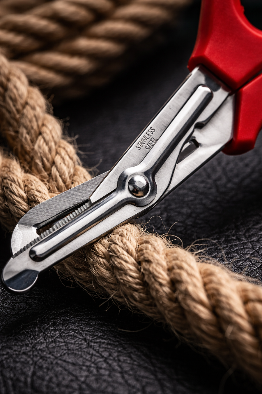 bondage safety scissors cutting jute rope close up